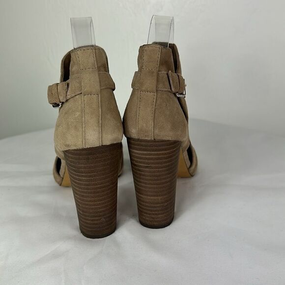 Vince Camuto Conley Buckle Tan Suede Leather Peep Toe Heeled Boots Size 8.5 - Picture 4 of 11